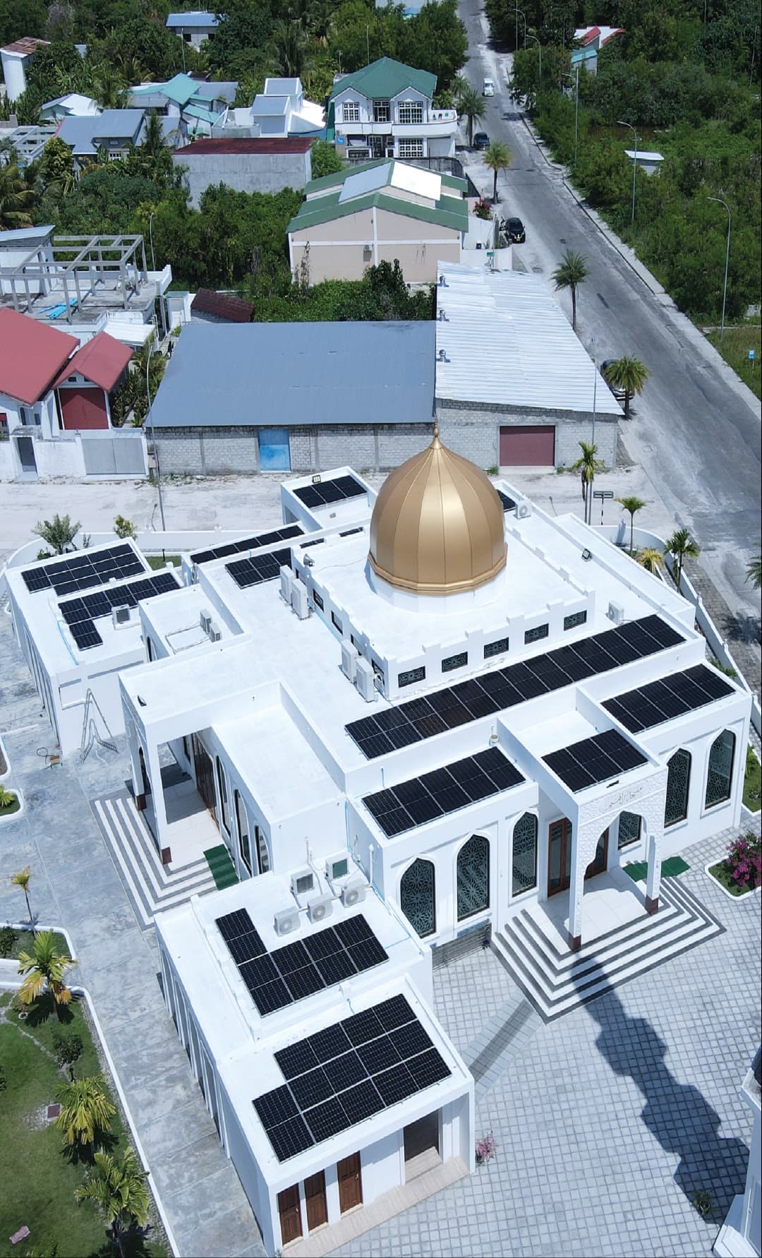 Aerial view of Ibrahim Mosque with rooftop solar panels in the Maldives